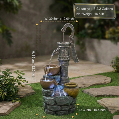 32in H large outdoor fountain with vintage pump in antique metal finish, water pours from spout on Tampa Home & Garden Store