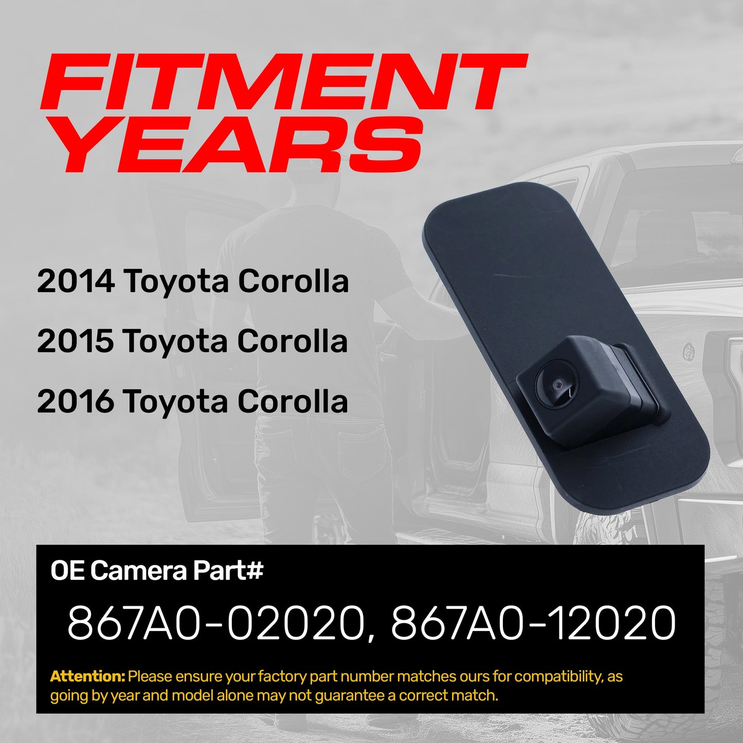 Master Tailgaters OE backup camera for 2014-2016 Toyota Corolla, part numbers 867A0-02020 and 867A0-12020 on Tampa Home & Garden Store