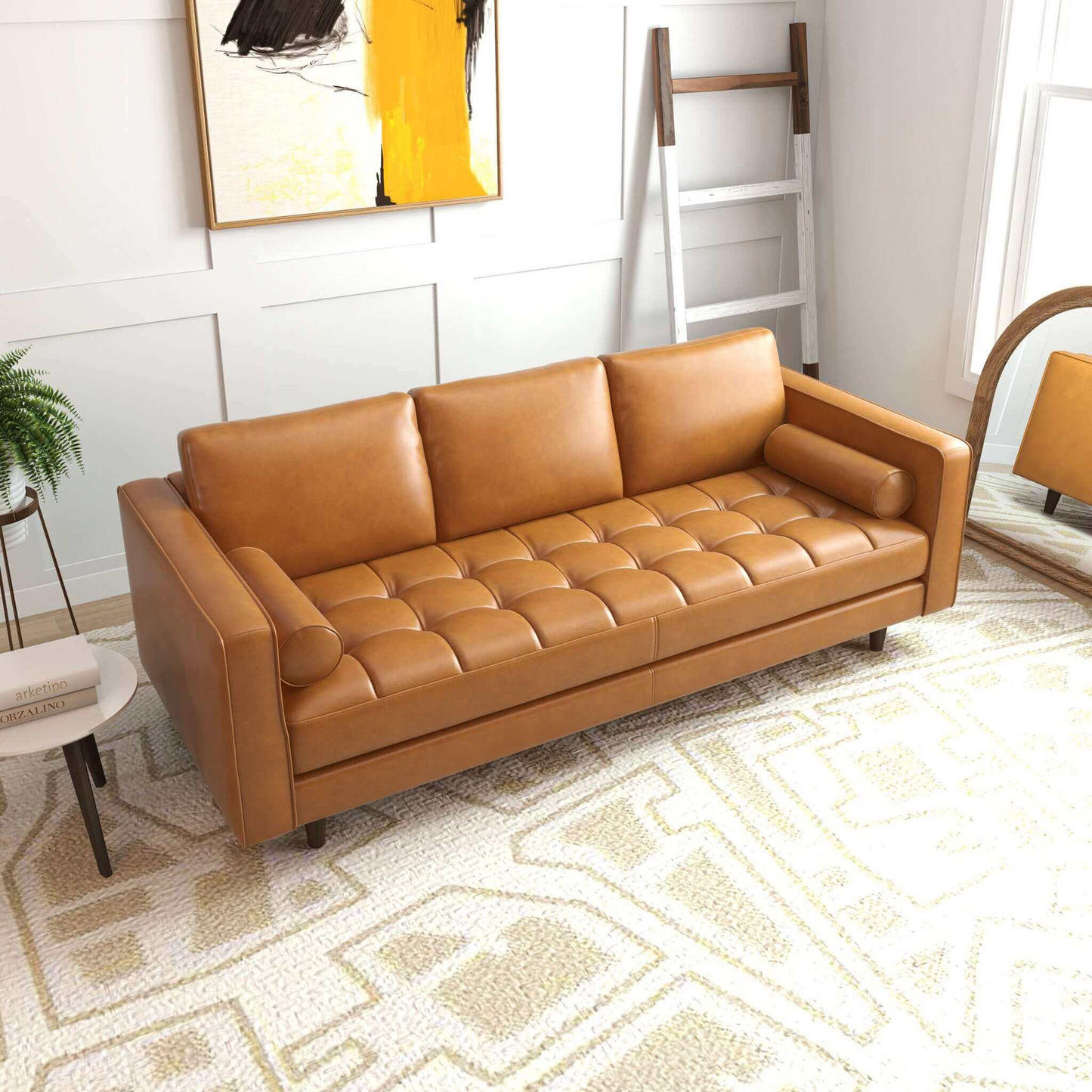 Catherine Sofa caramel leather with tufted cushions by HouseOfZazla in a modern living room on Tampa Home & Garden Store
