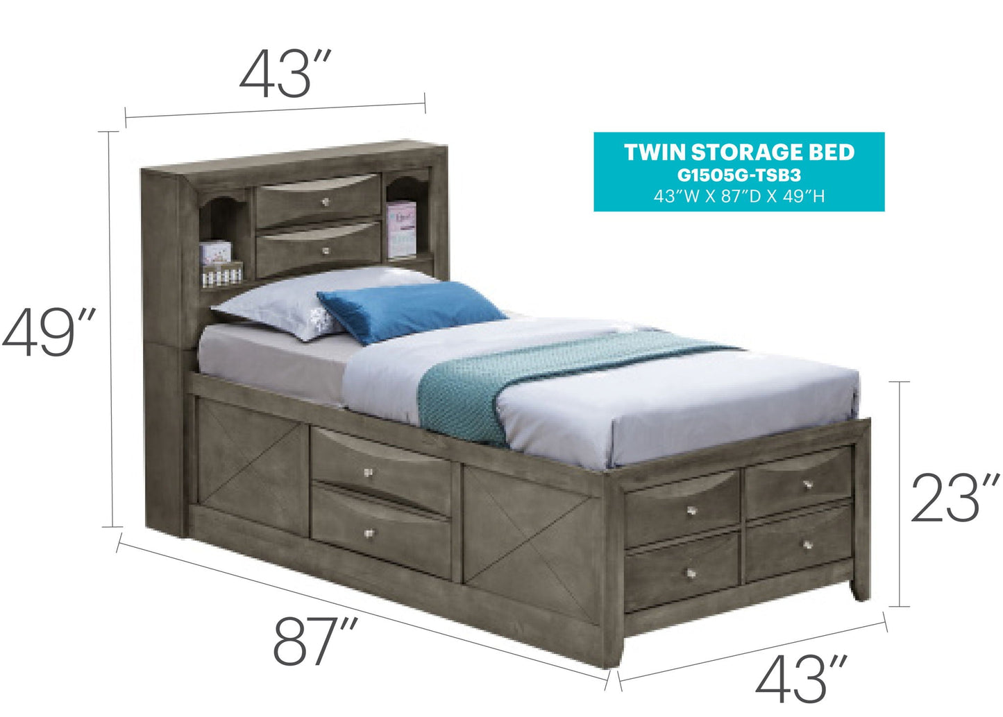 Twin storage bed with bookcase headboard in gray wood by HouseOfZazla, built-in drawers; on Tampa Home & Garden Store
