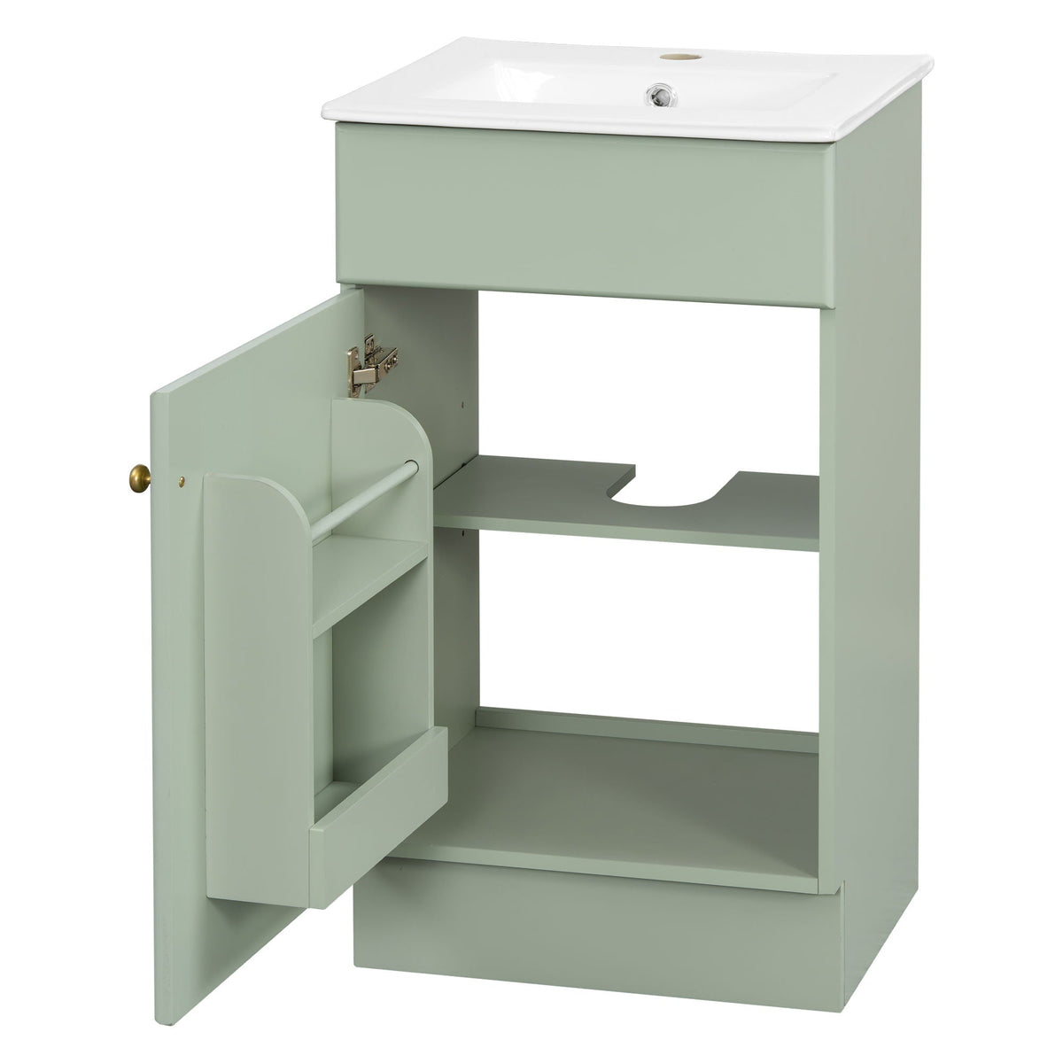 Bathroom vanity with sink in sage green by HouseOfZazla, white basin and adjustable shelf on Tampa Home & Garden Store