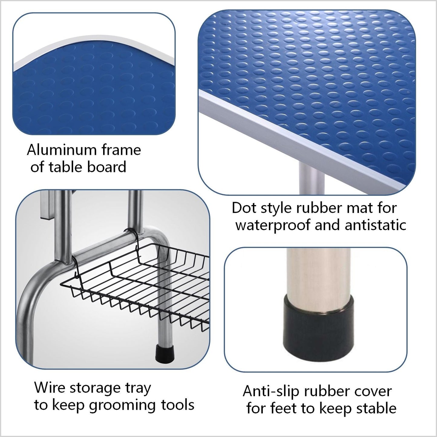 Grooming table for pets blue with aluminum frame and adjustable arm, rubber mat, anti-slip feet on Tampa Home & Garden Store