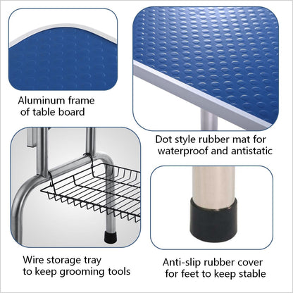 Grooming table for pets blue with aluminum frame and adjustable arm, rubber mat, anti-slip feet on Tampa Home & Garden Store