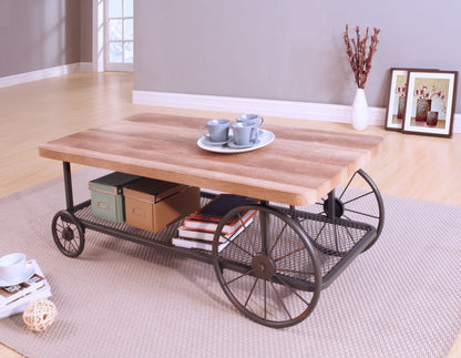 Francie light brown coffee table with metal wheels, wood top and wire shelf HouseOfZazla on Tampa Home & Garden Store