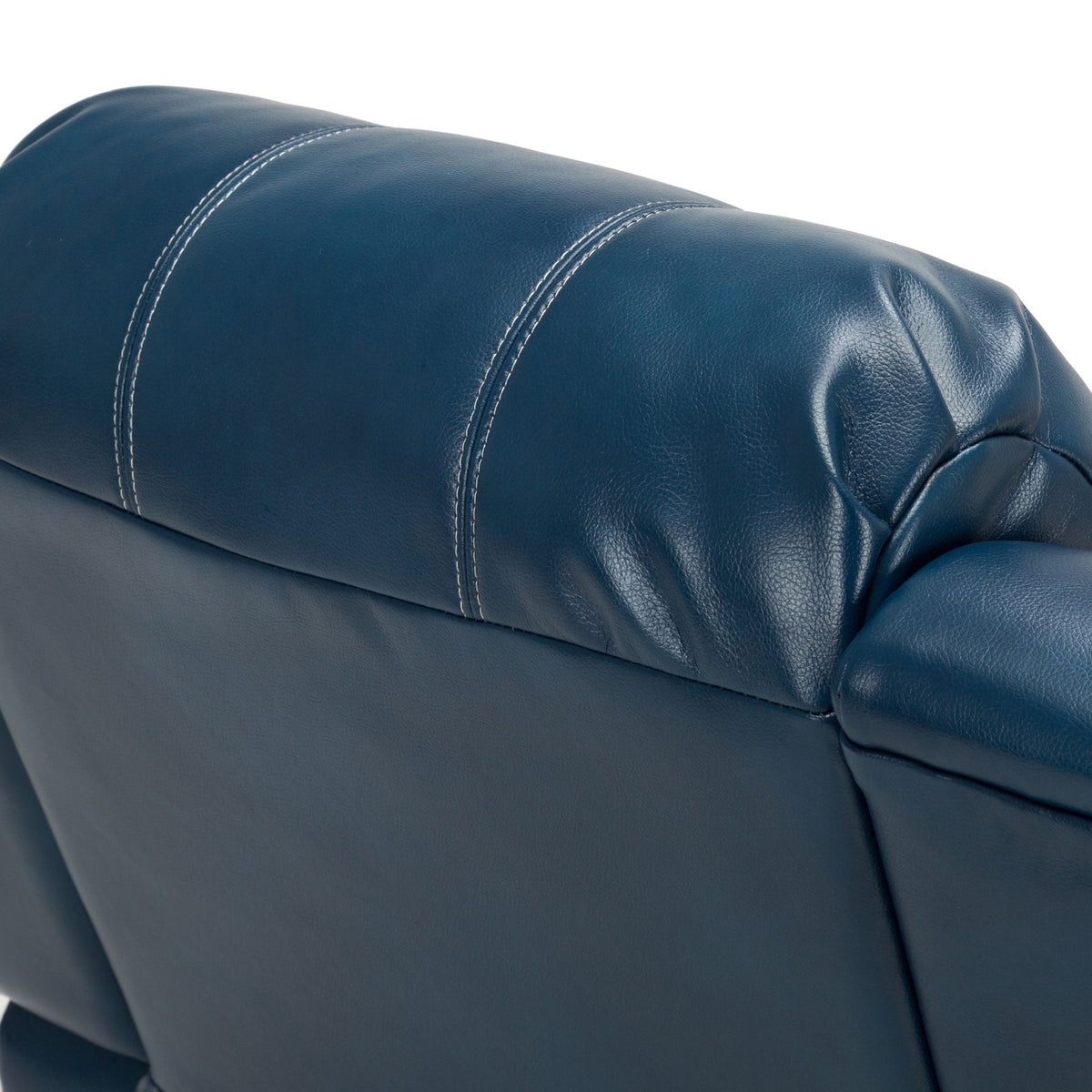 Charlotte glider recliner blue leather upholstery with white contrast stitching on Tampa Home & Garden Store