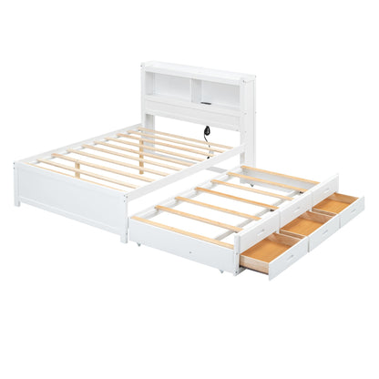 White platform bed with headboard storage and USB ports, trundle and side drawers on Tampa Home & Garden Store