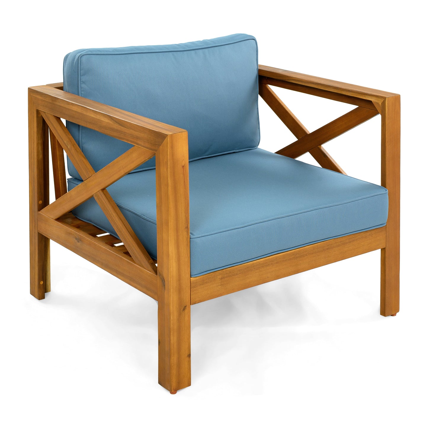 Outdoor acacia wood club chair with blue cushions by HouseOfZazla on Tampa Home & Garden Store