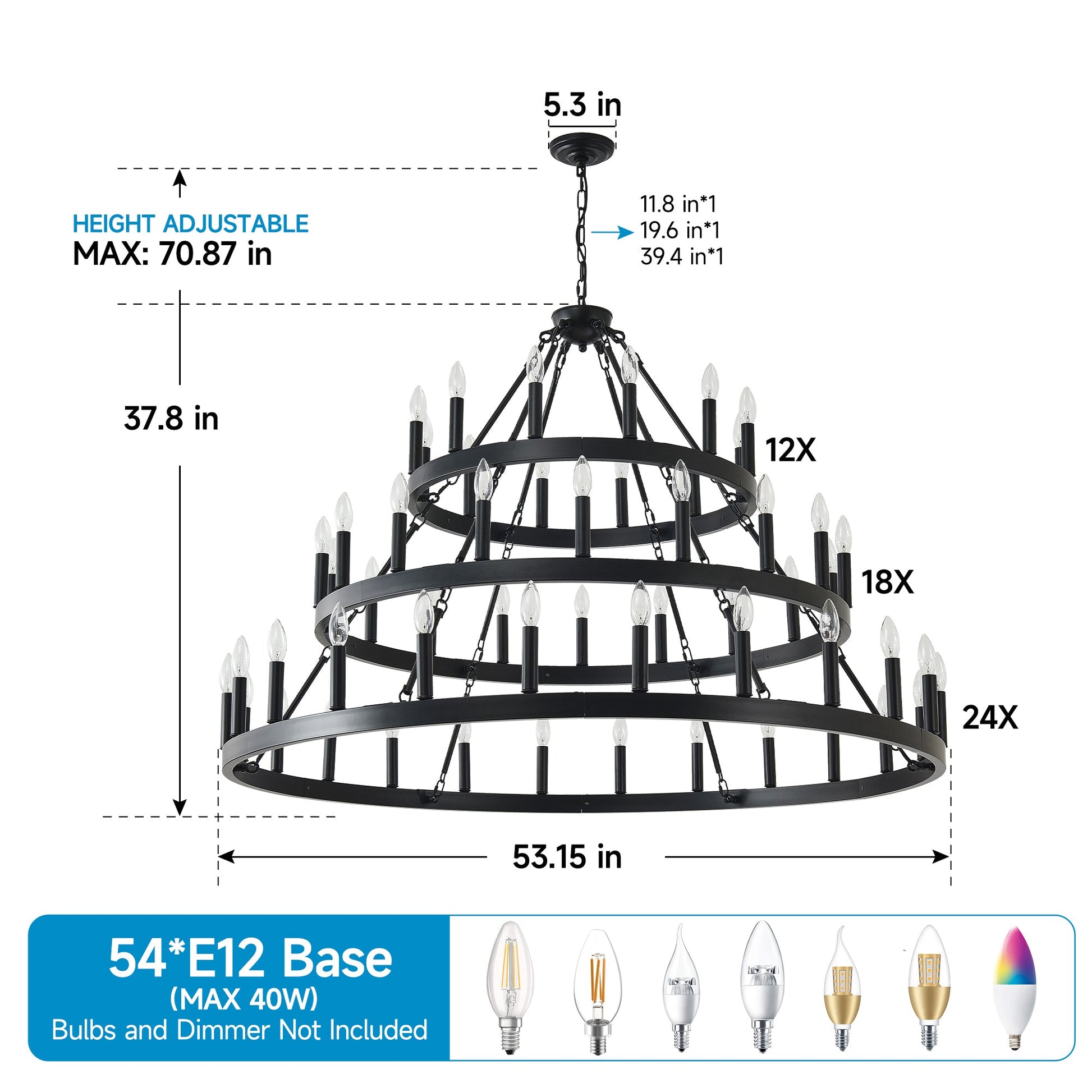 3 Tiers Wagon Wheel Chandelier 54-Light Matte Black Metal by HouseOfZazla on Tampa Home & Garden Store