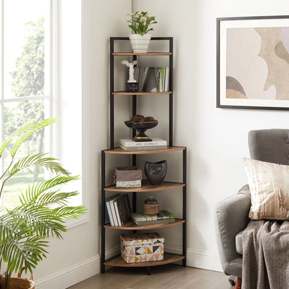6-story corner open bookshelf modern bookshelf wooden frame independent bookshelf unit, country brown - Tampa Home & Garden Store