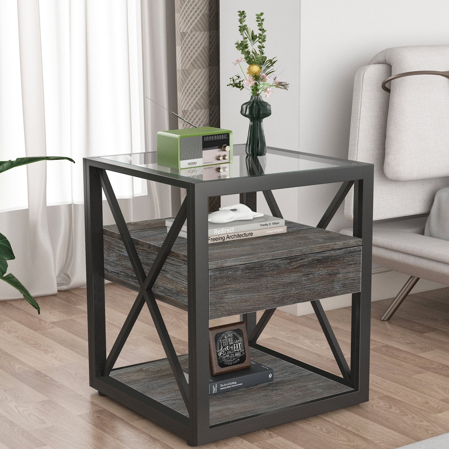 End tables set of 2 with glass tops, lower wood shelves and black metal frames on Tampa Home & Garden Store