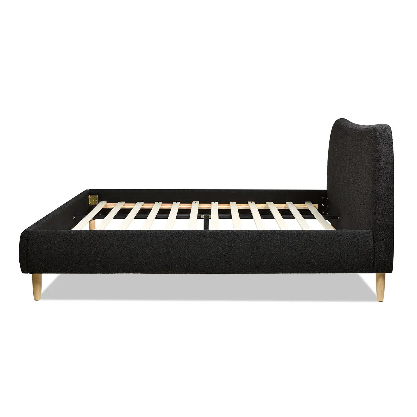 Roman curved upholstered bed with black fabric and wood slats by Unique Piece Furniture on Tampa Home & Garden Store