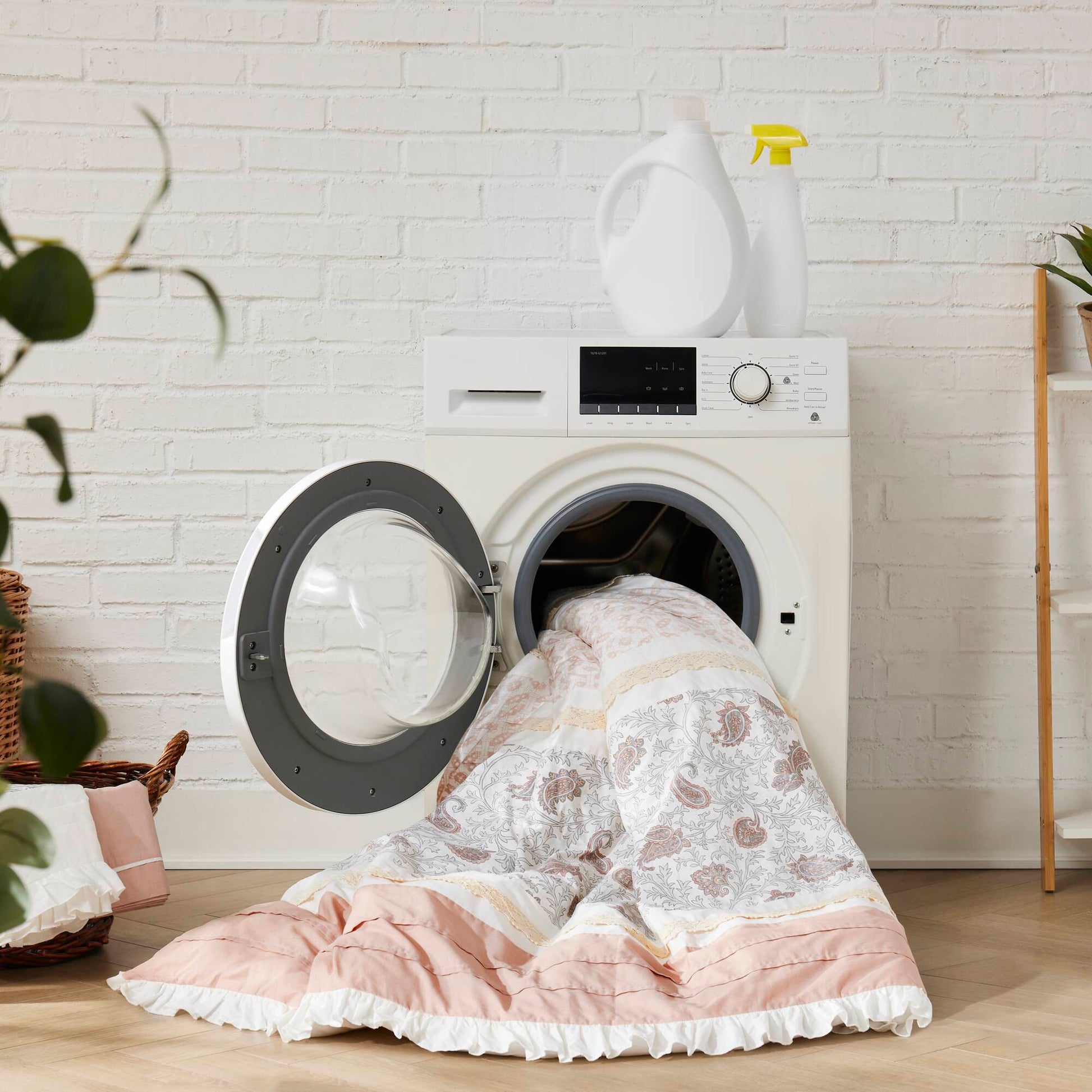 9 Piece Cotton Percale Comforter Set Blush draped over a pink quilt on a washing machine on Tampa Home & Garden Store
