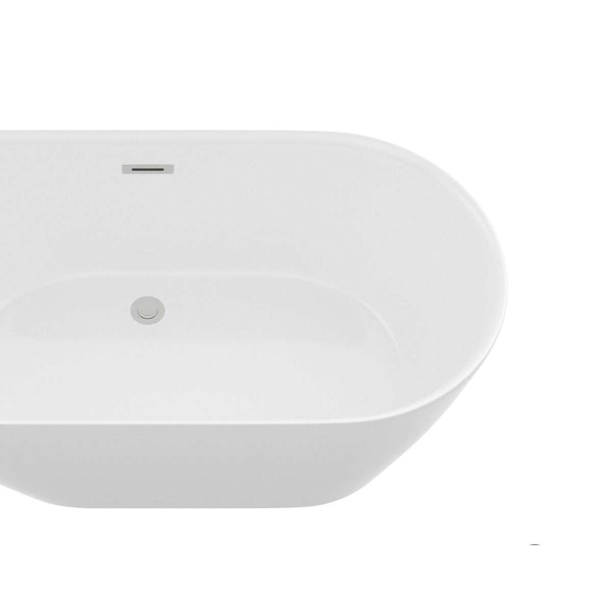 White acrylic freestanding bathtub for soaking with curved edges and visible drain on Tampa Home & Garden Store