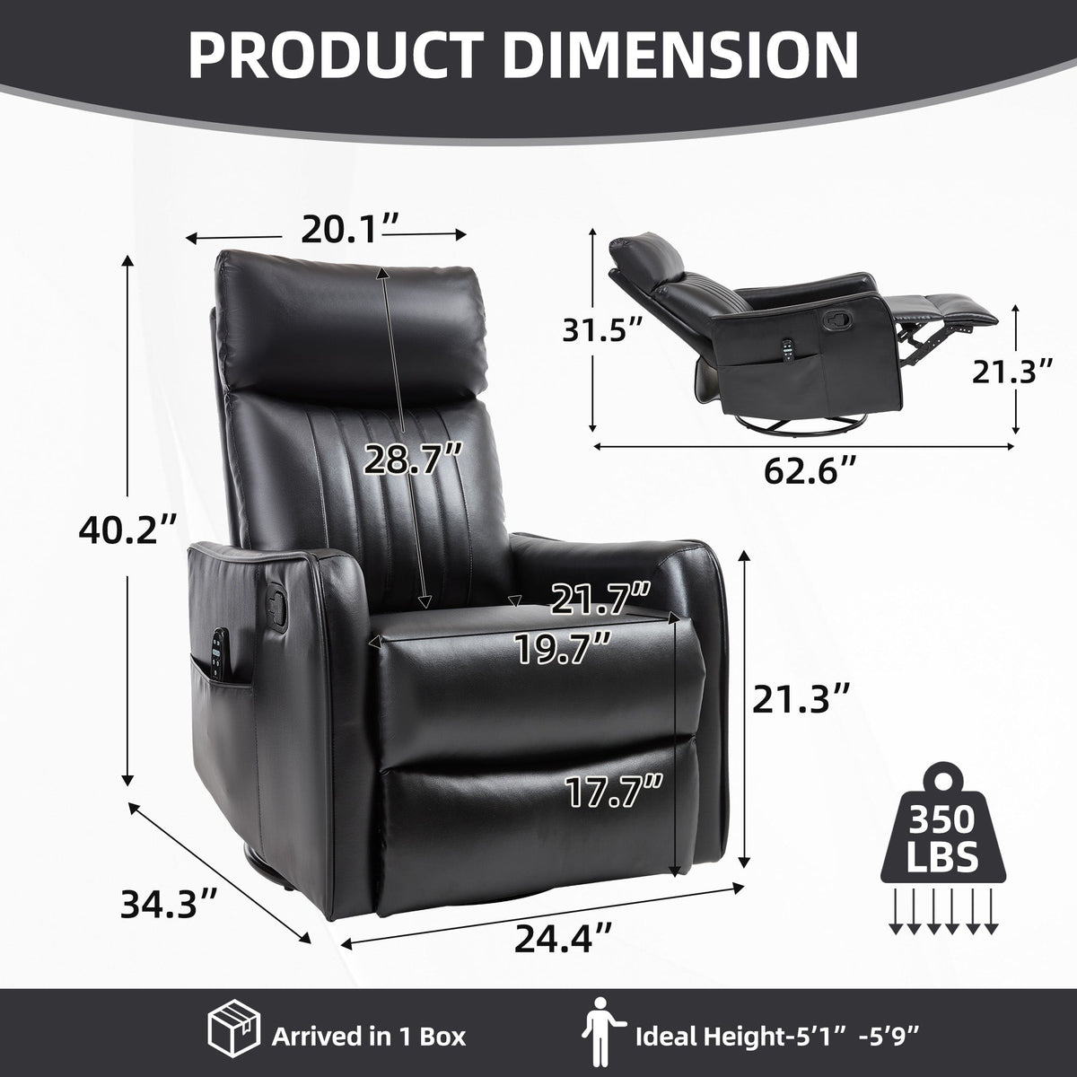 Black faux leather heat massage manual recliner chair by HouseOfZazla with remote on Tampa Home & Garden Store