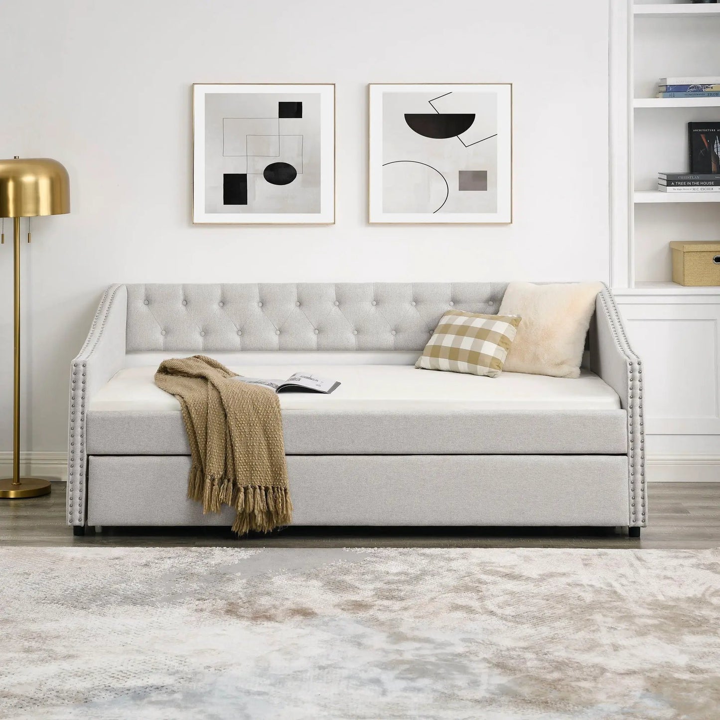 Upholstered Tufted Daybed With Drawers Waved Arms