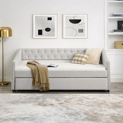 Upholstered Tufted Daybed With Drawers Waved Arms