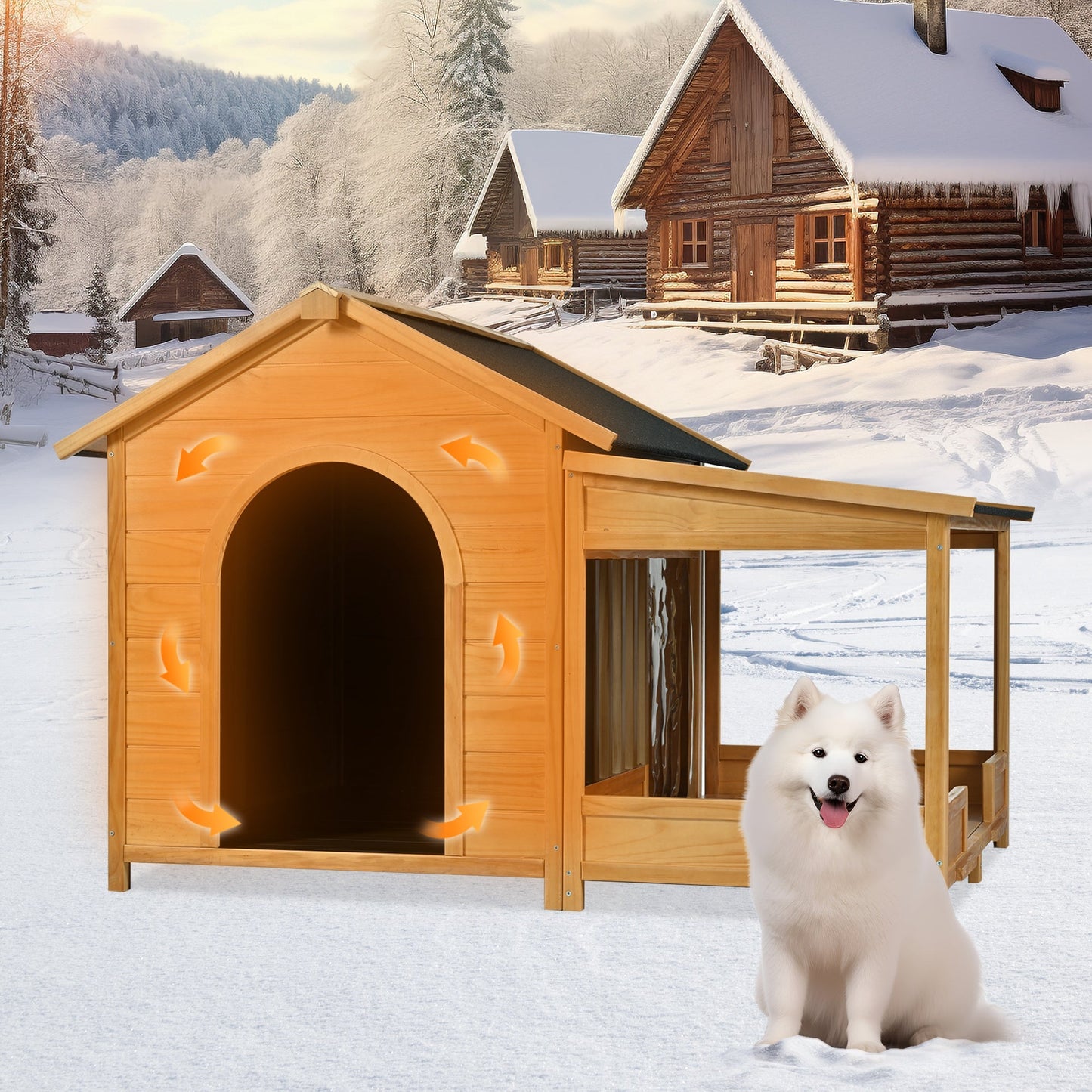 60.2 Inch Large Outdoor Dog House Insulated Liner by HouseOfZazla wooden in snowy yard with dog on Tampa Home & Garden Store