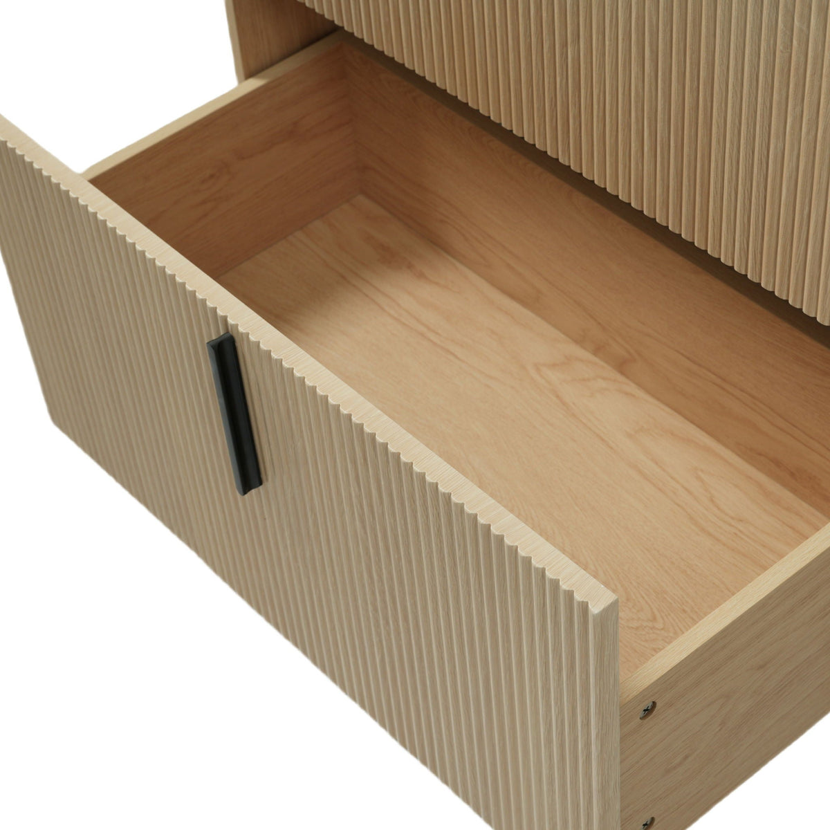 Bathroom vanity drawer interior in light brown wood with vertical fluted panels HouseOfZazla on Tampa Home & Garden Store
