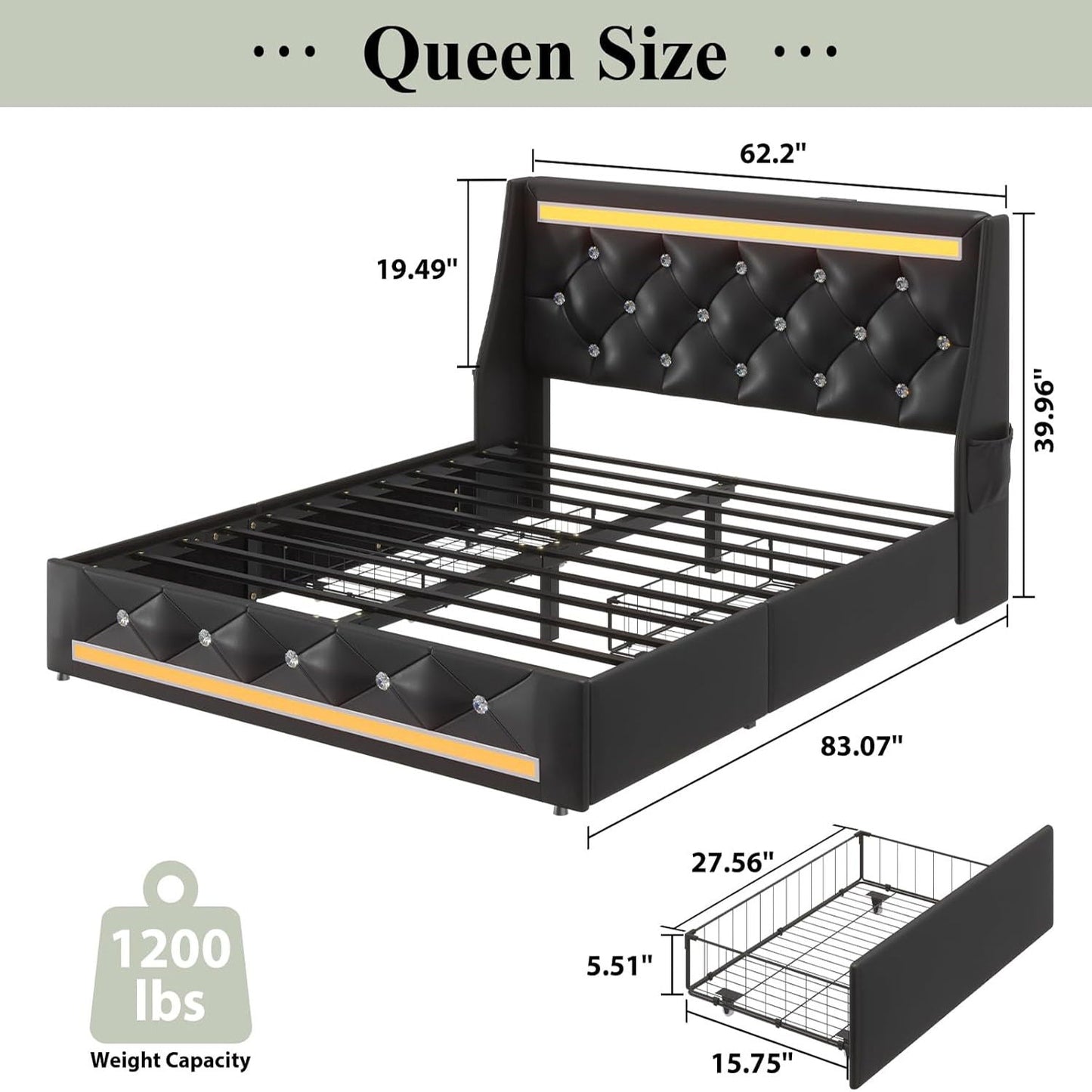 Wingback Upholstered Bed Frame Led and Usb