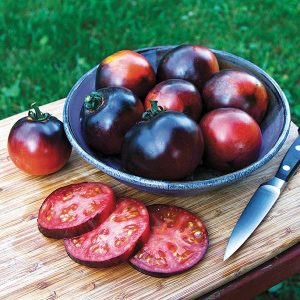 Indigo Apple Tomato in a blue bowl with sliced rounds on cutting board, dark purple tomatoes on Tampa Home & Garden Store