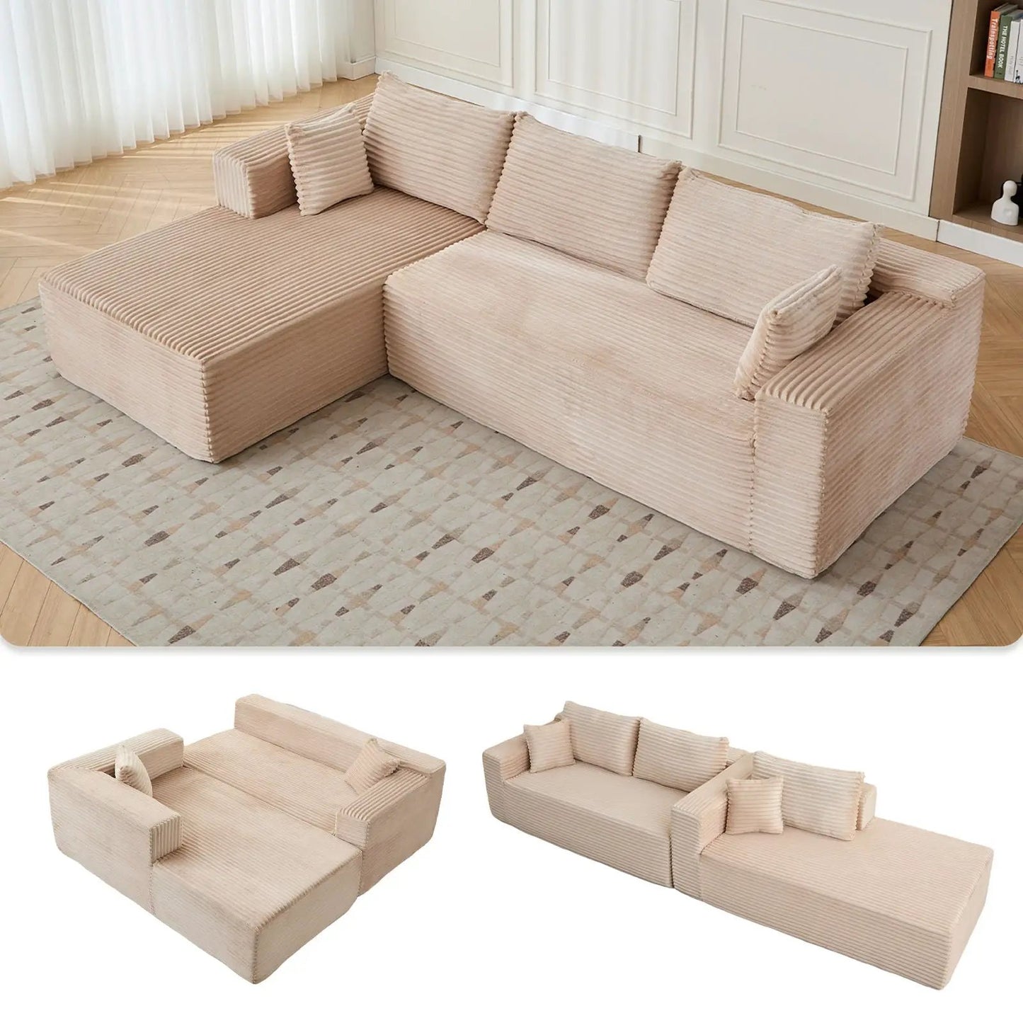 Beige corduroy compression sectional sofa with chaise, L-shaped deep-seat stationary unit on Tampa Home & Garden Store