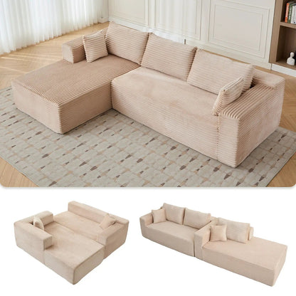 Beige corduroy compression sectional sofa with chaise, L-shaped deep-seat stationary unit on Tampa Home & Garden Store