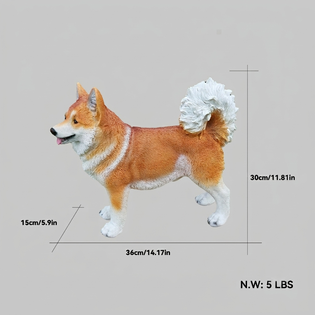 Lifelike Shiba Inu dog statue in orange-brown and white by HouseOfZazla, 36 cm long on Tampa Home & Garden Store