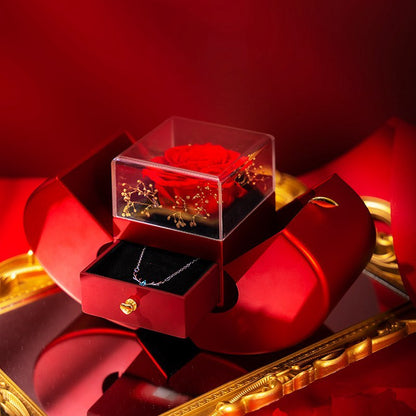 Fashion jewelry box red with clear lid displaying a red eternal rose and silver necklace in the open drawer on Tampa Home & Garden Store