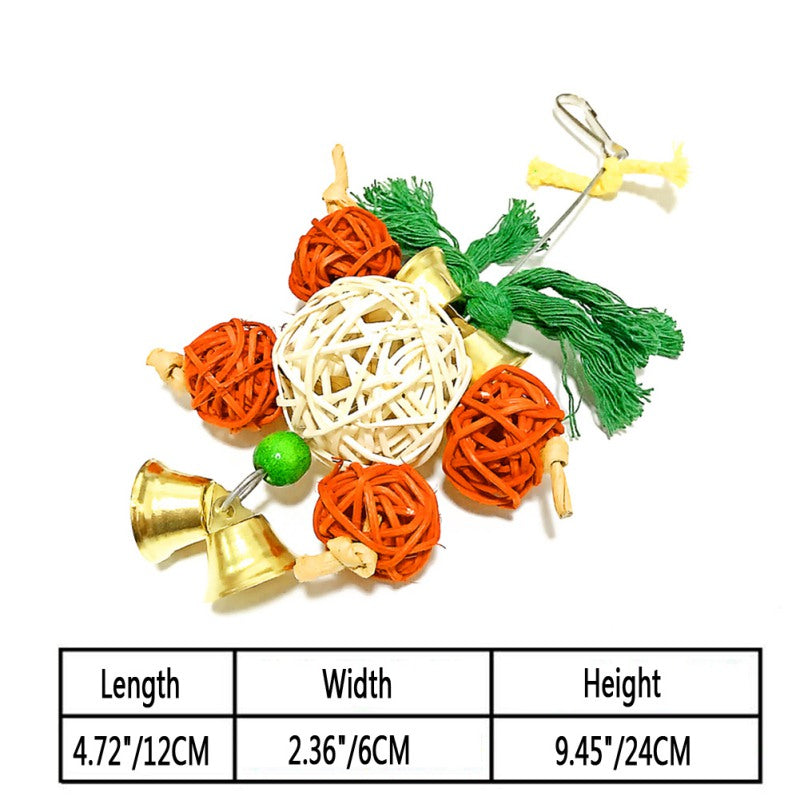 Parrot nibble toy with three orange woven balls, white ball, green tassels and gold bells on Tampa Home & Garden Store