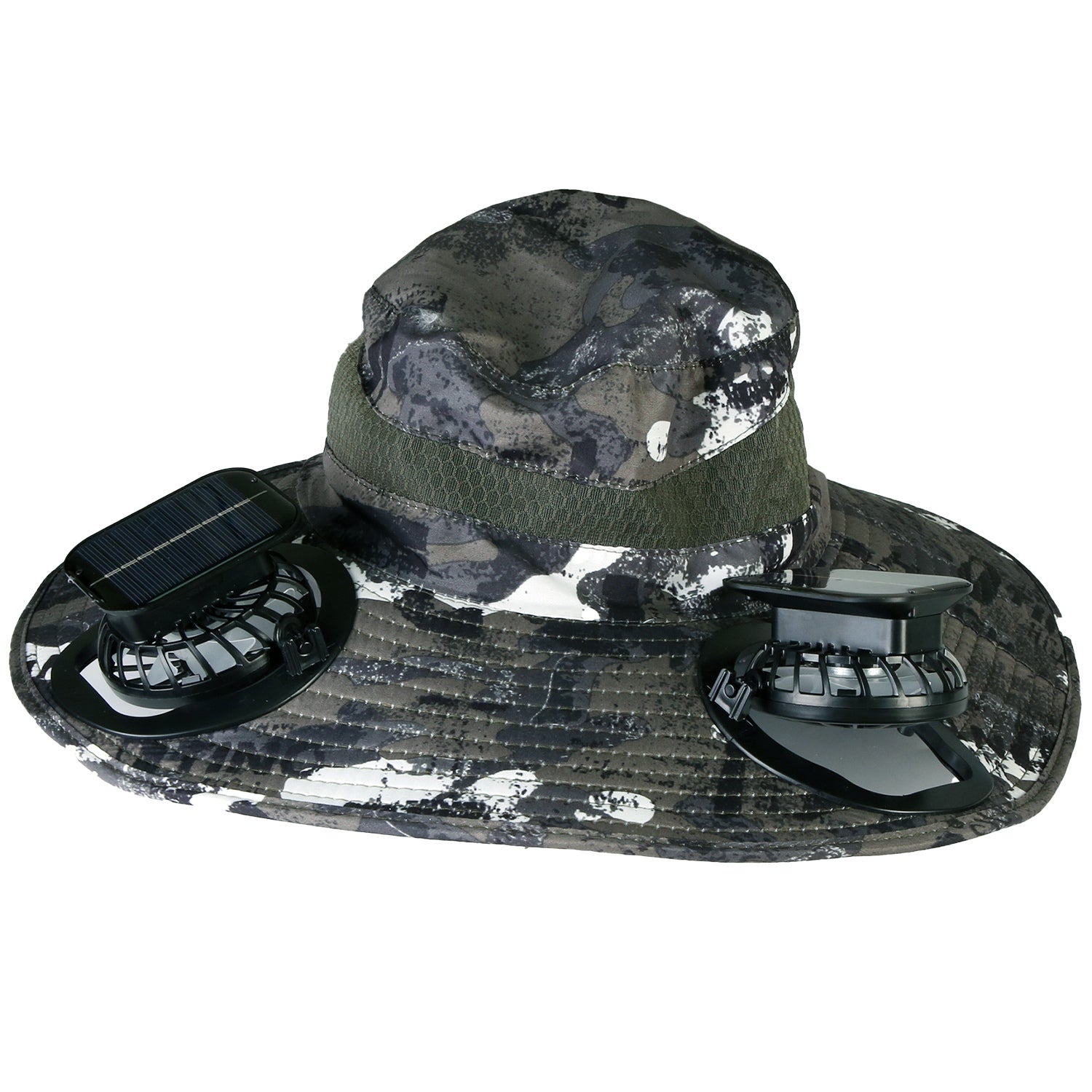 GemGear camouflage wide-brim sun hat with 2 solar-powered fans and side solar panel on Tampa Home & Garden Store