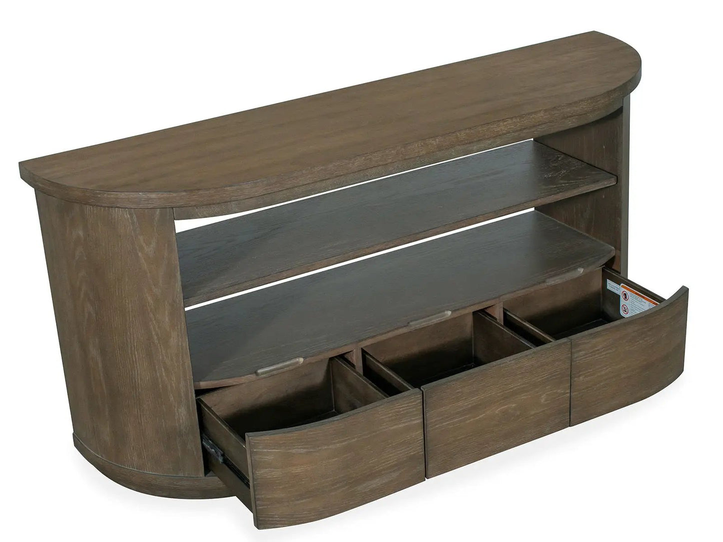 Bosley Demilune Sofa Table by Unique Piece Furniture, curved brown wood console with 3 drawers on Tampa Home & Garden Store