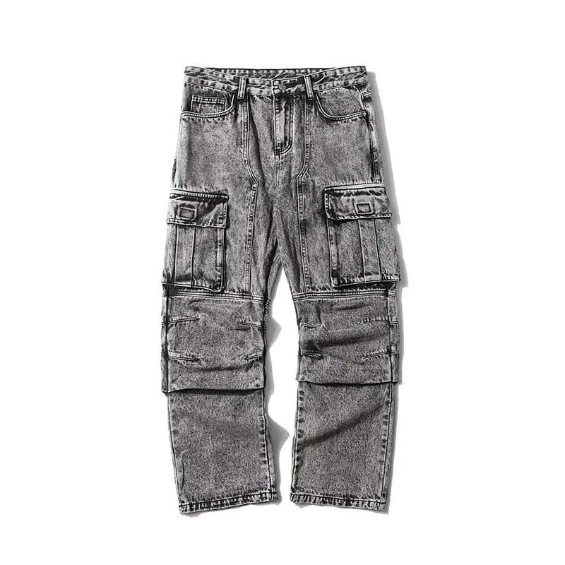 Washed distressed multi-pocket jeans, grey cargo wide-leg straight trousers, FLIPSTYLEZLLC on Tampa Home & Garden Store