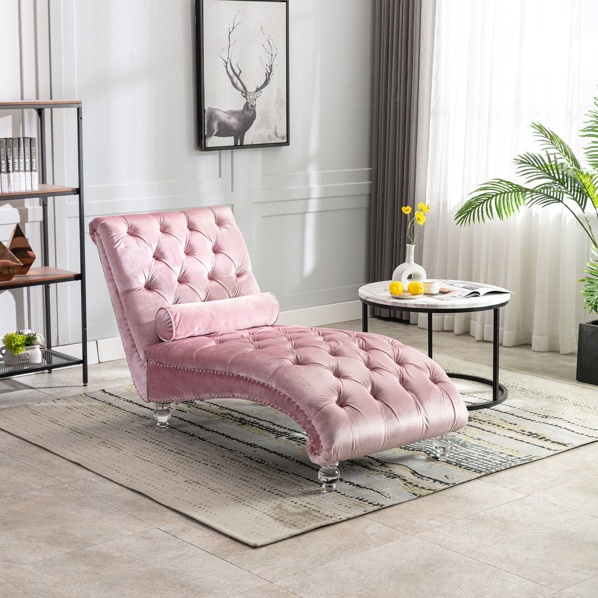 Velvet button tufted chaise lounge in pink with pillow by HouseOfZazla on Tampa Home & Garden Store