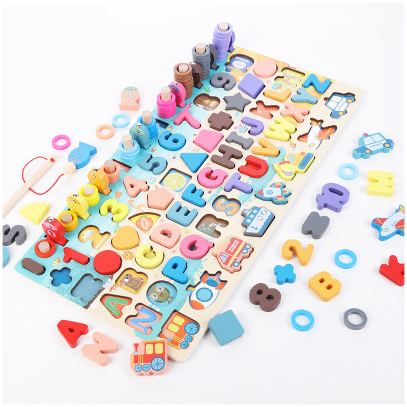 Montessori wooden alphabet and shape board with colorful letters and fishing rod on Tampa Home & Garden Store