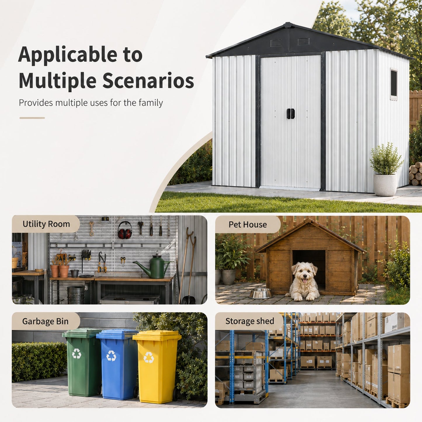 Storage shed 8ft x 4ft outdoor metal with window, silver corrugated panels, black trim on Tampa Home & Garden Store