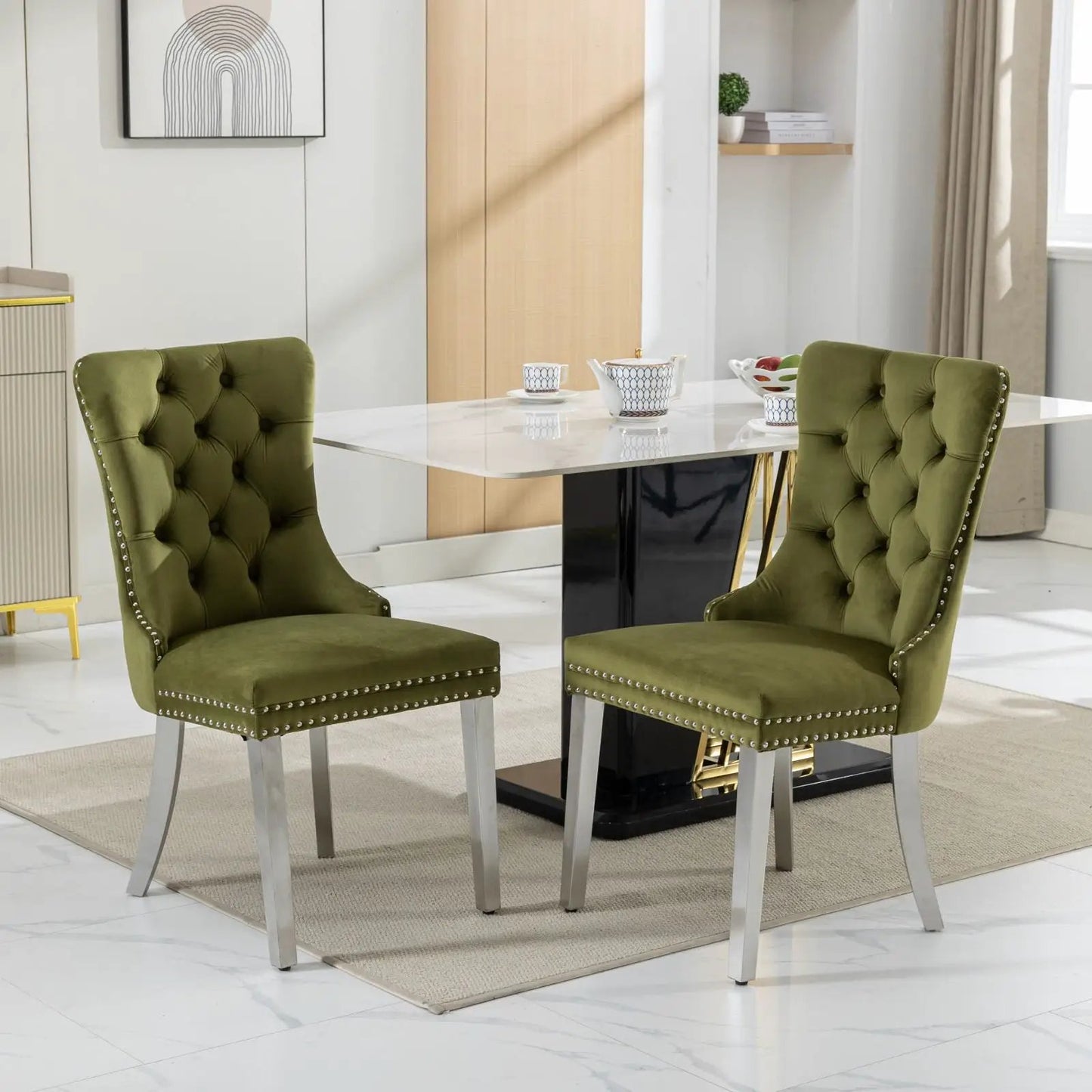 Nikki Upholstered Dining Chair set of 2 olive green velvet tufted back silver legs on Tampa Home & Garden Store