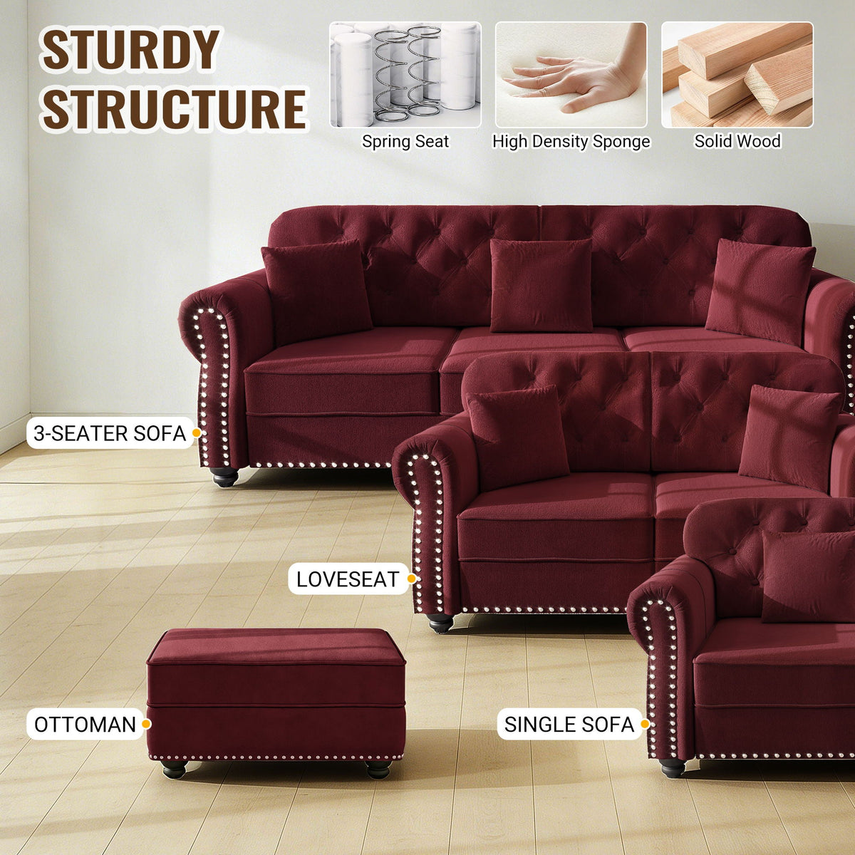 Sofa with nailhead trim and rolled armrests