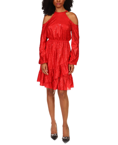 Michael Kors red printed cold-shoulder dress with long sleeves and tiered ruffle skirt on Tampa Home & Garden Store