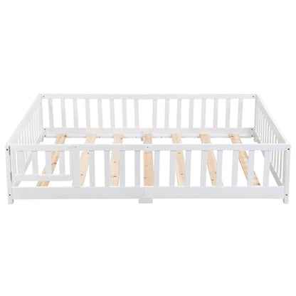 Solid wood floor bed with door and fence for children, white finish, HouseOfZazla platform bed on Tampa Home & Garden Store
