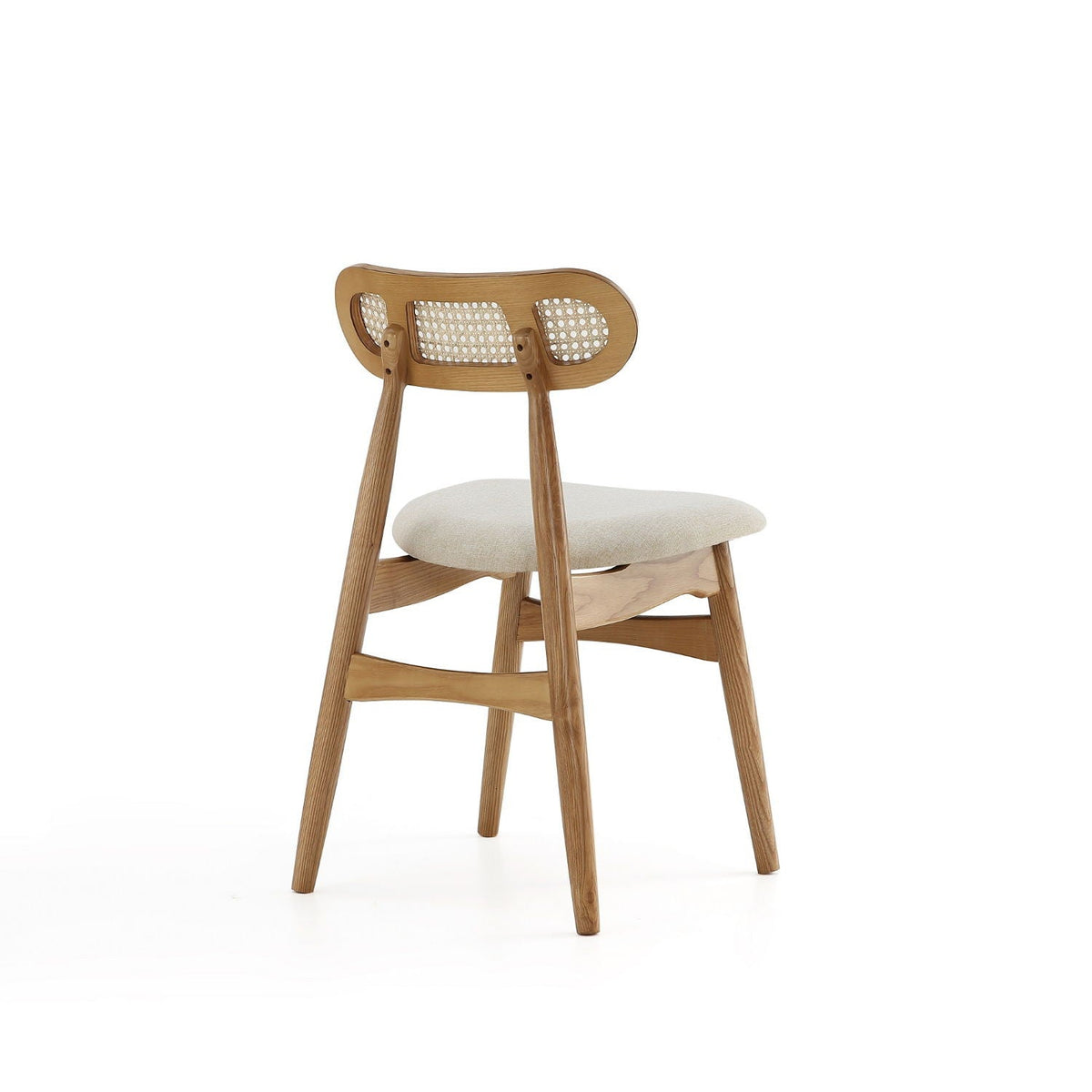 Dining chair with cane backrest in light brown wood and beige upholstered seat on Tampa Home & Garden Store