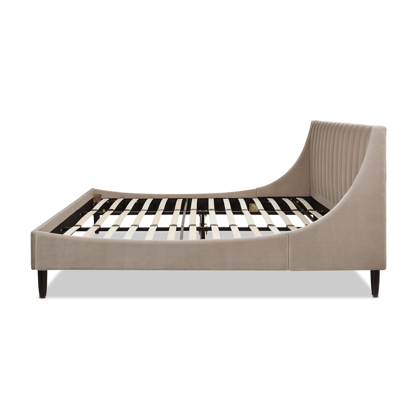 King platform bed in mink beige velvet with tall vertical tufted headboard and curved side rails on Tampa Home & Garden Store