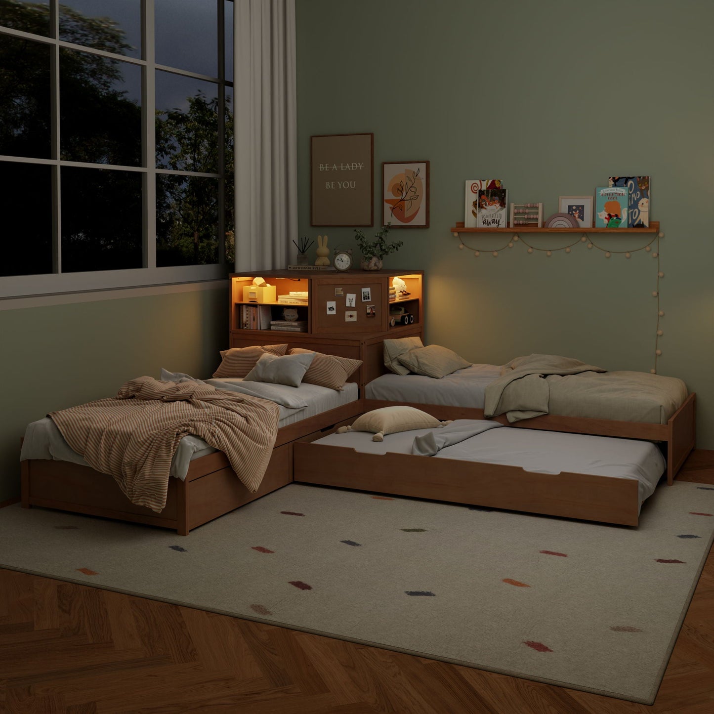 Compact L Shaped Bed Frame with Trundle and Desk