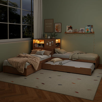 Compact L Shaped Bed Frame with Trundle and Desk
