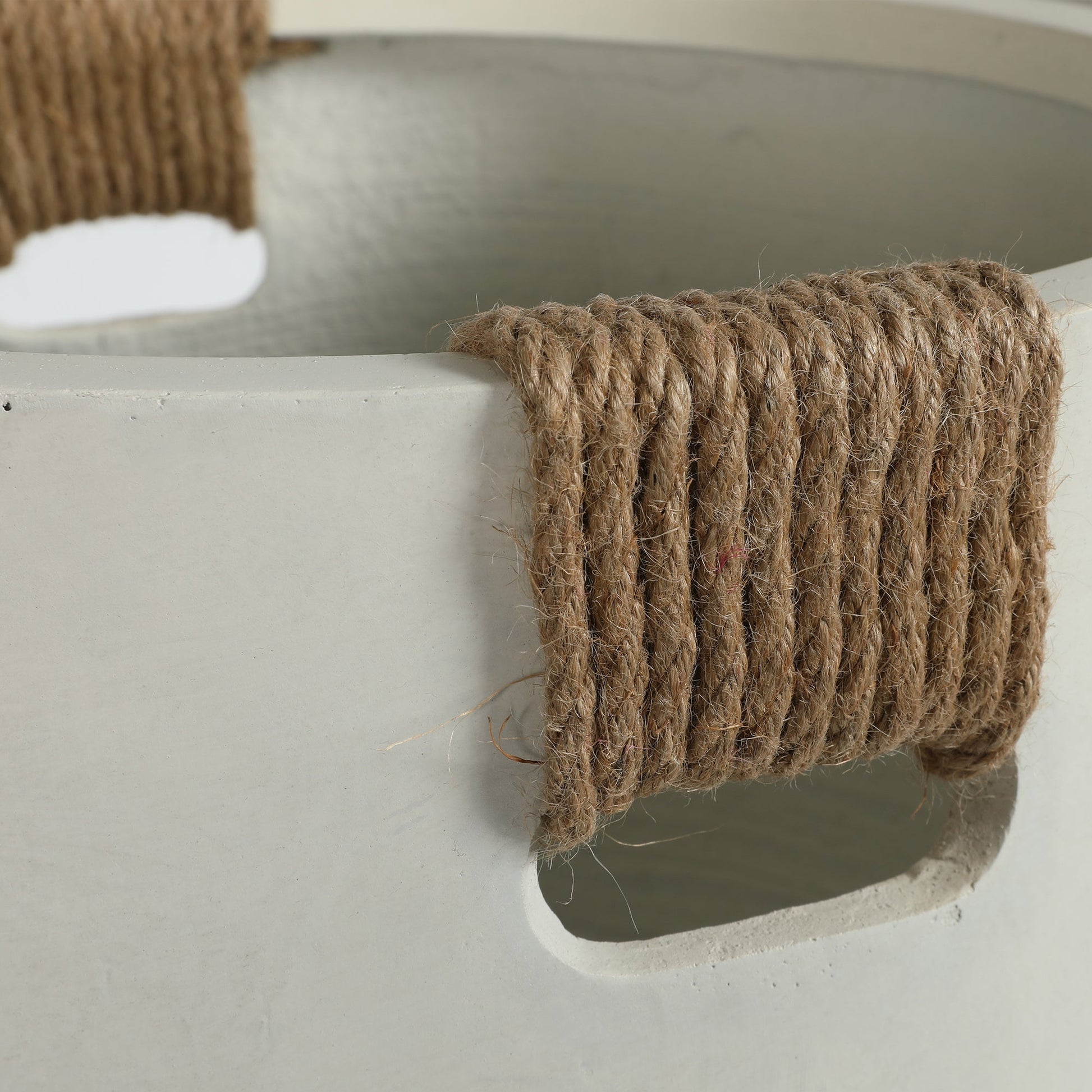 Round concrete planters set of 2, large handmade off-white pots wrapped in jute rope on Tampa Home & Garden Store