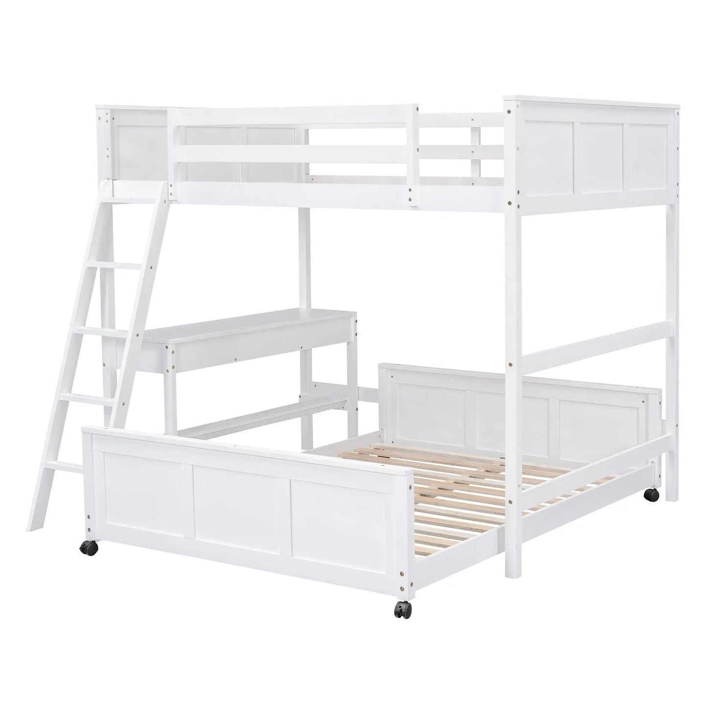White full-over-full bunk bed with desk, wooden frame, ladder and guard rails on Tampa Home & Garden Store