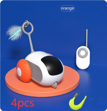 Remote control cat car toy with white body and orange wheels, 4pcs remote feather teaser on Tampa Home & Garden Store