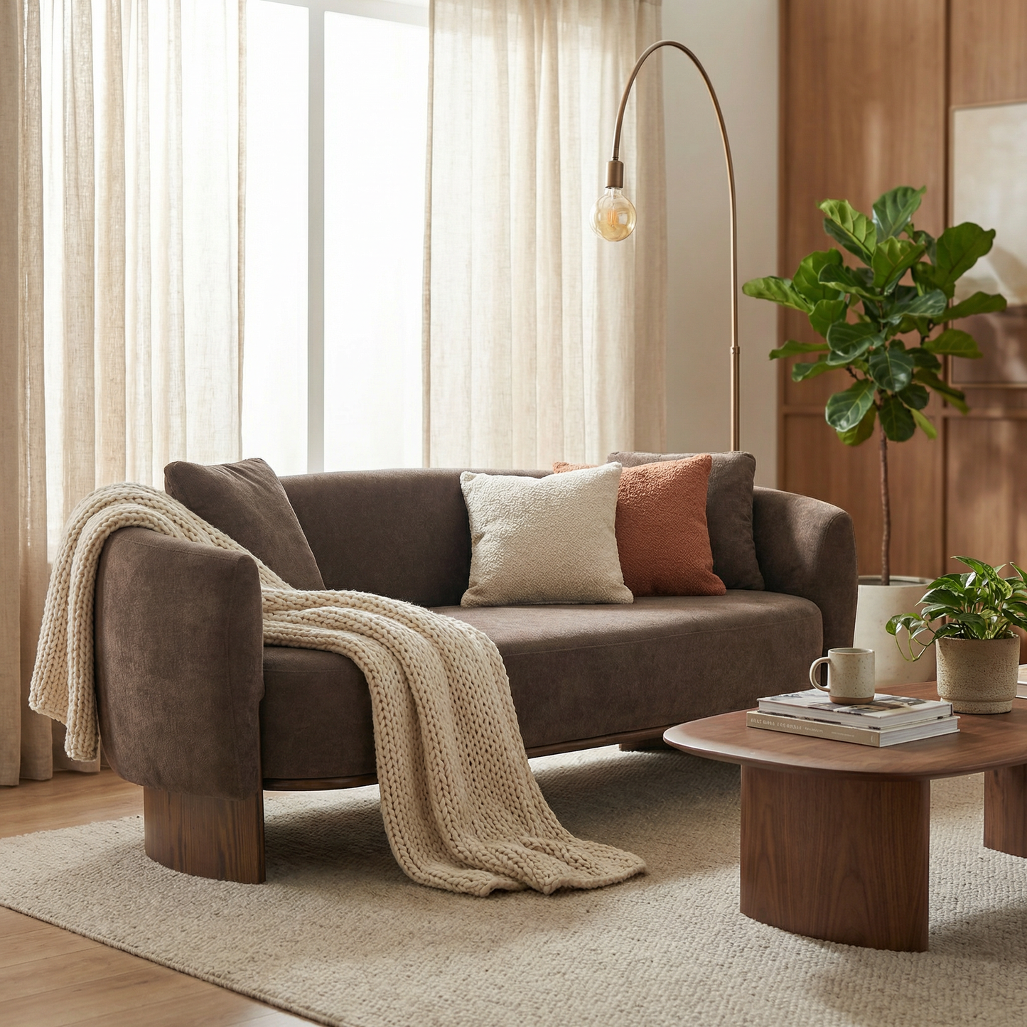 Elegant Curved Velvet Sofa and Wooden Base