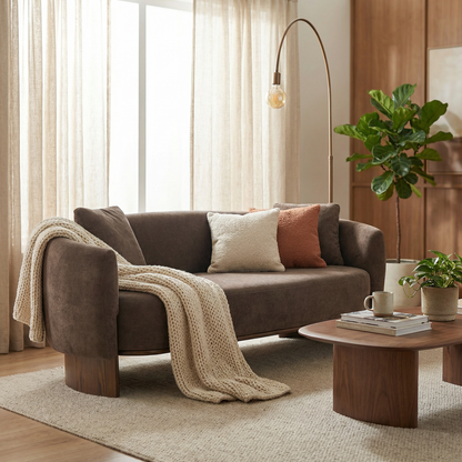 Elegant Curved Velvet Sofa and Wooden Base
