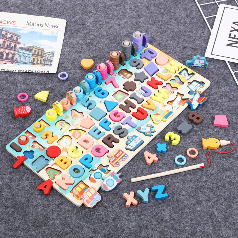 Montessori wooden learning board with colorful letters, shapes, and beads for toddlers on Tampa Home & Garden Store