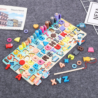 Montessori wooden learning board with colorful letters, shapes, and beads for toddlers on Tampa Home & Garden Store